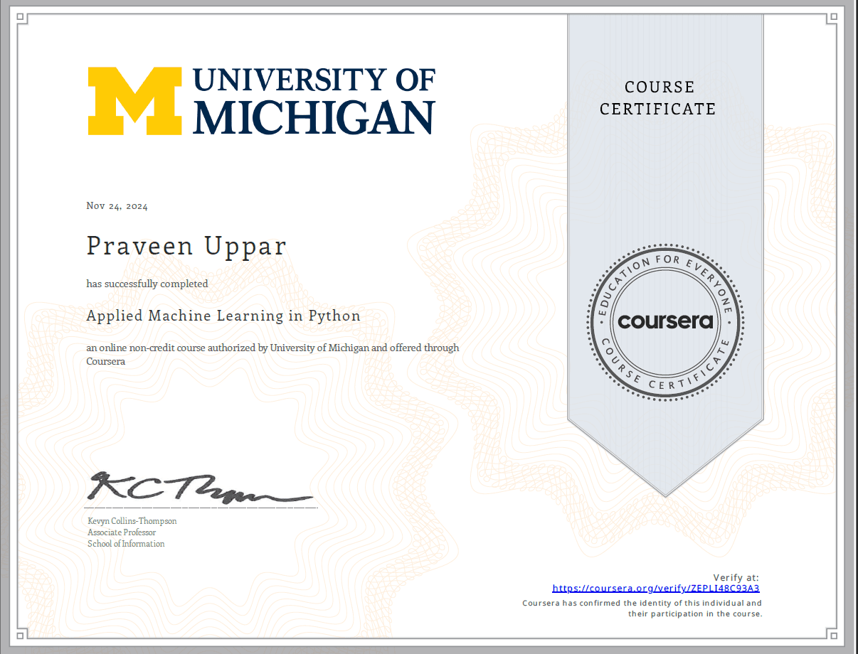 Applied Machine Learning in Python certificate