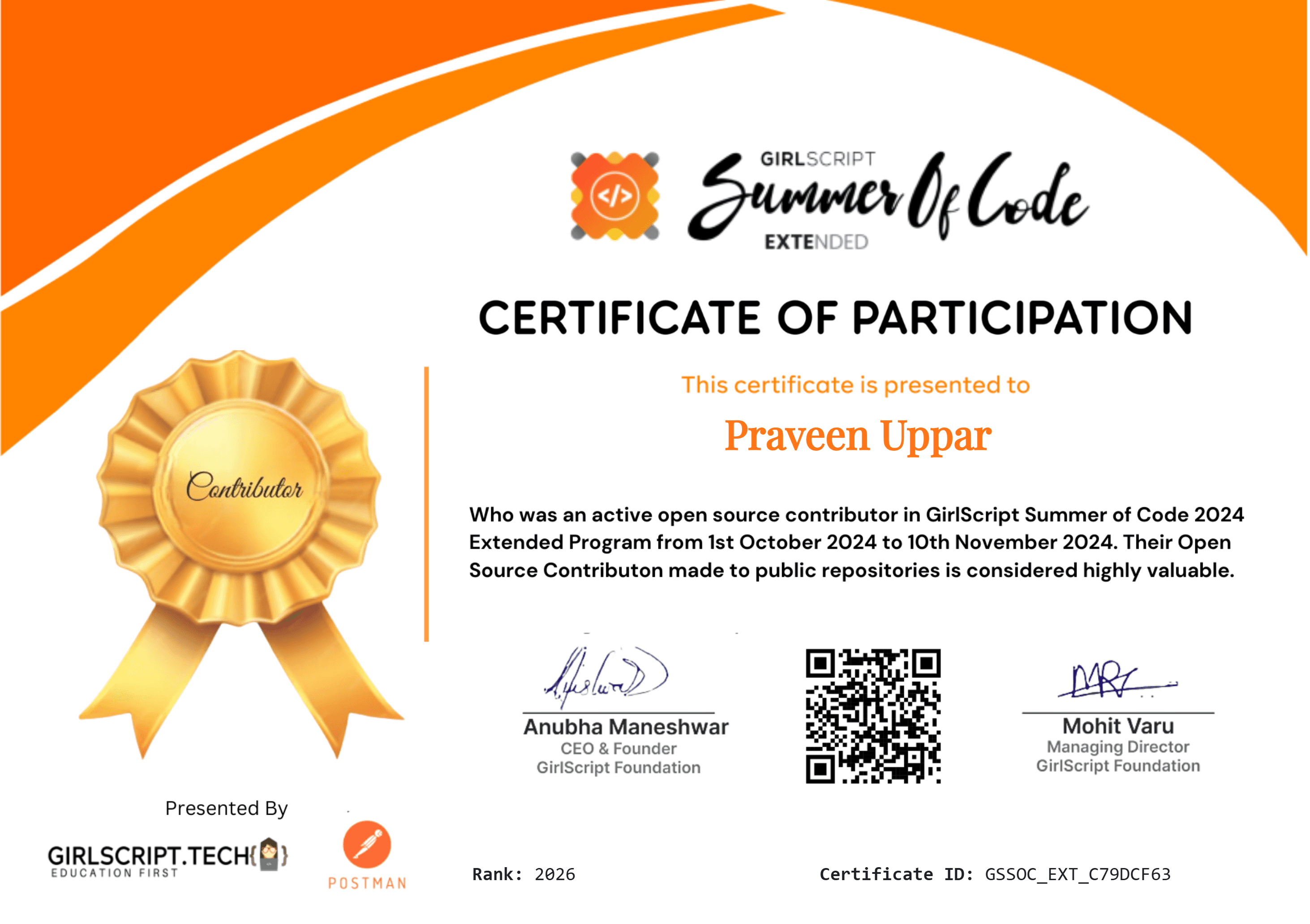Top 2,000 Open Source Contributor certificate