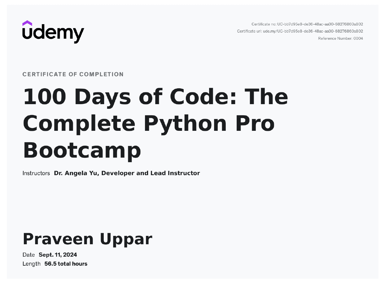 100 Days of Code: Python Bootcamp certificate