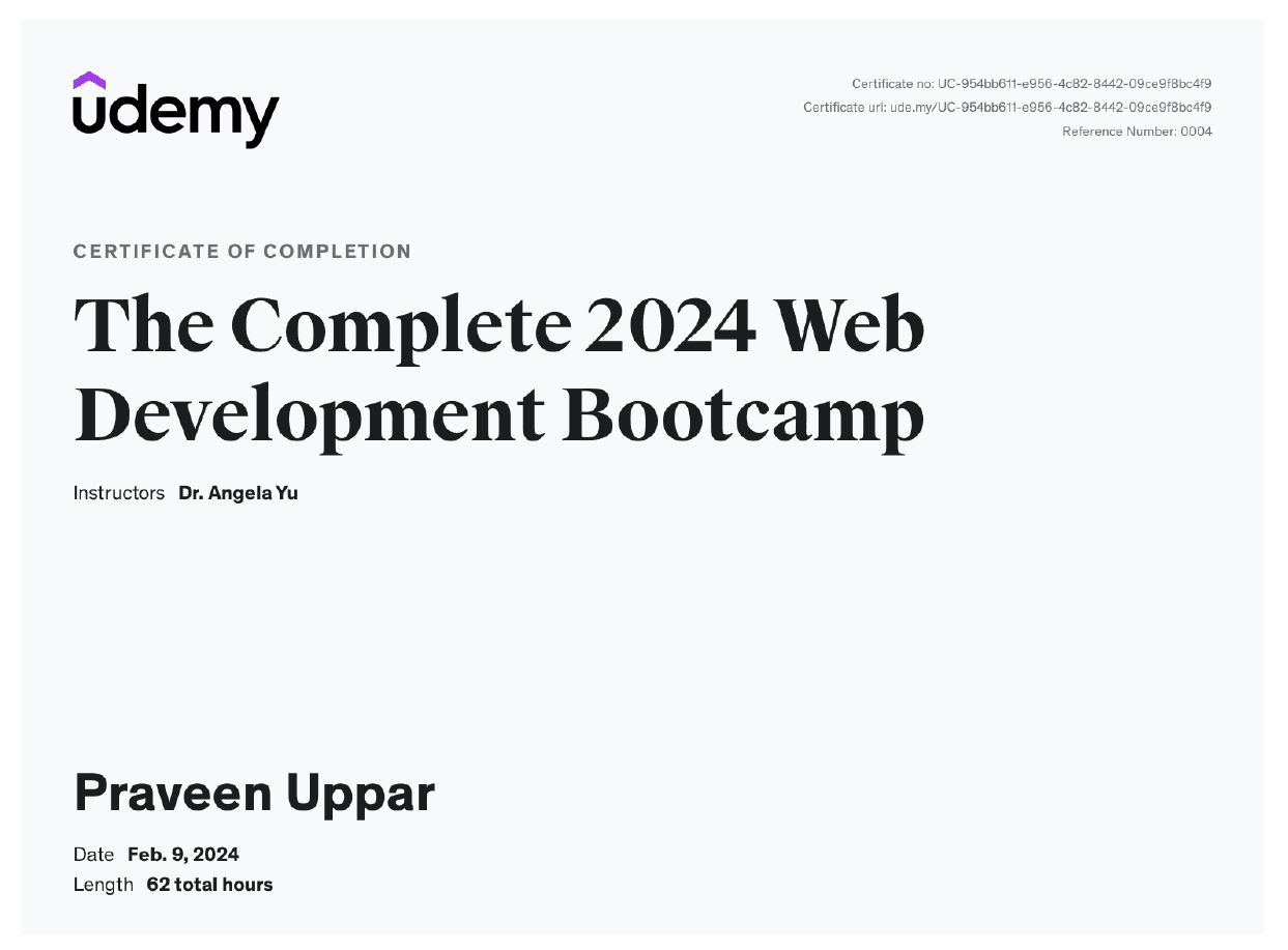 The Complete 2024 Web Development Bootcamp certificate
